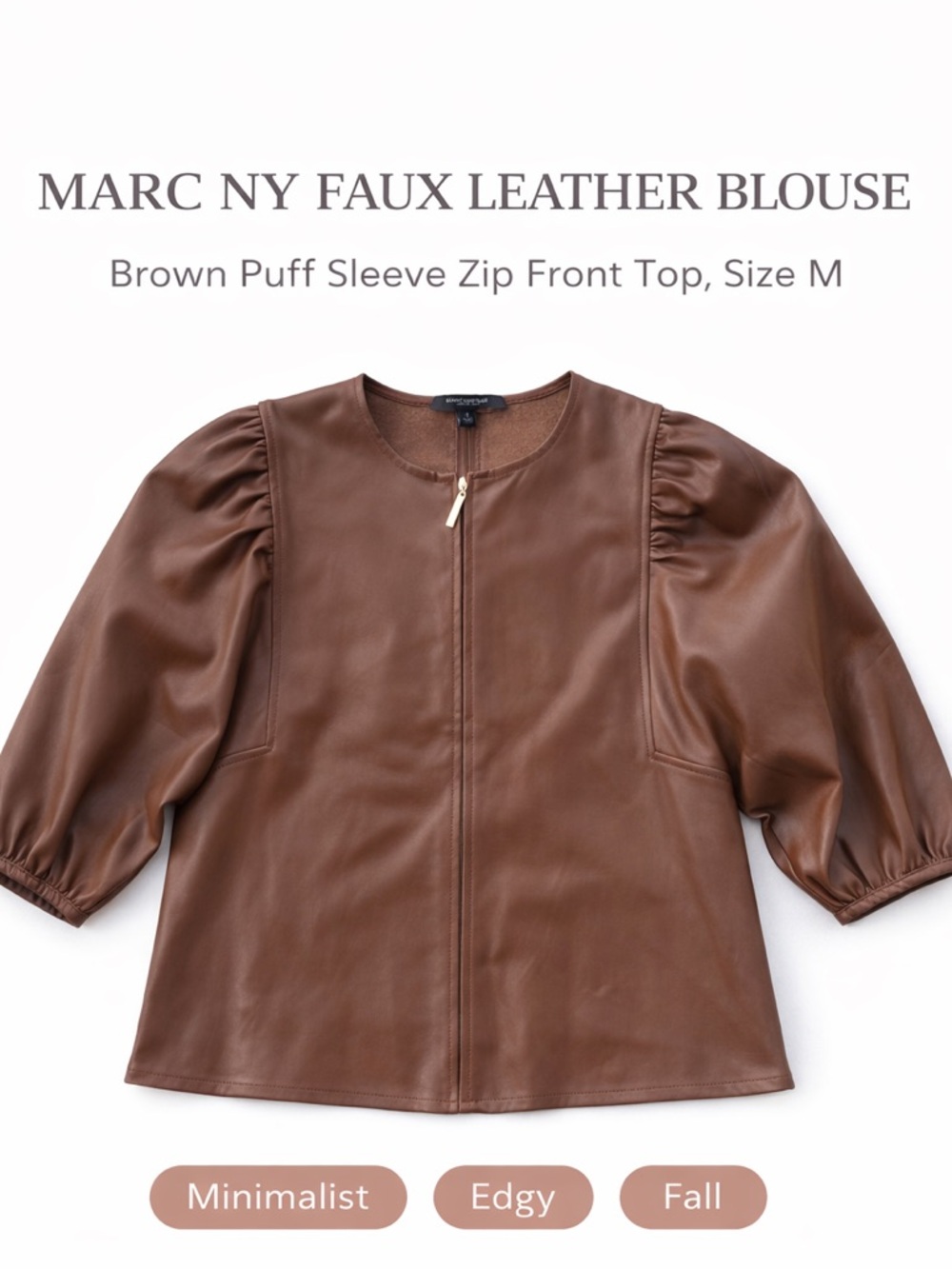 Marc NY Faux Leather Blouse Brown Puff Sleeve Zip Front Top Size M